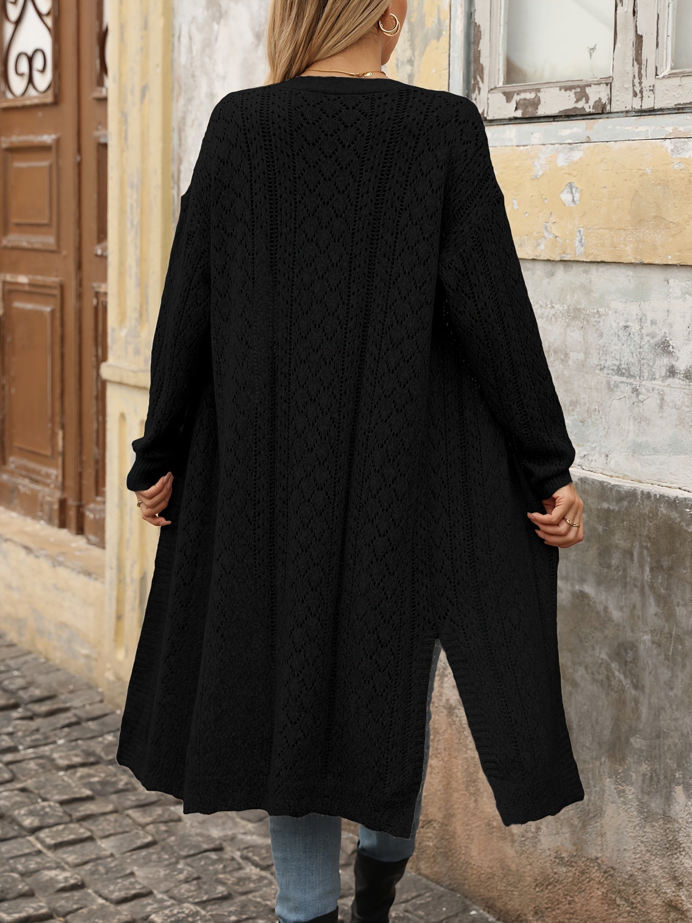 Cozy Open Front Cardigan - Soft, Solid, Hollow, Long Sleeve, Split Design for Easy Wear - Perfect for Spring and Fall, Women's Casual Clothing
