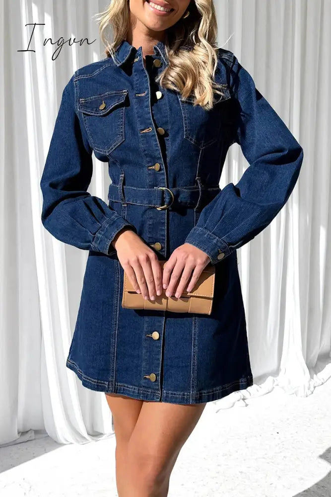Ingvn - Casual Solid Pocket Buckle With Belt Turndown Collar Long Sleeve Straight Denim Dresses