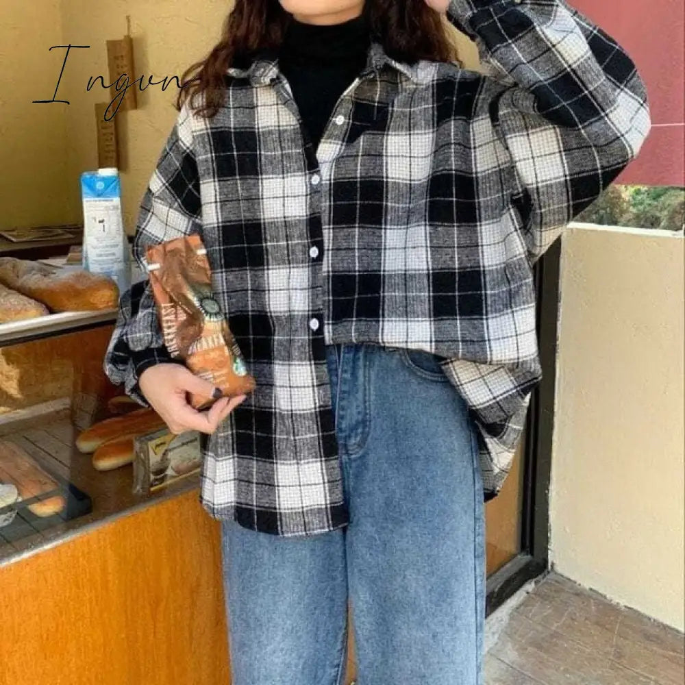 Ingvn - Women Blouses Turn-down Collar Spring Shirts Plaid All-match BF Batwing-sleeve Loose Outwear Harajuku Female 4 Colors Chic New