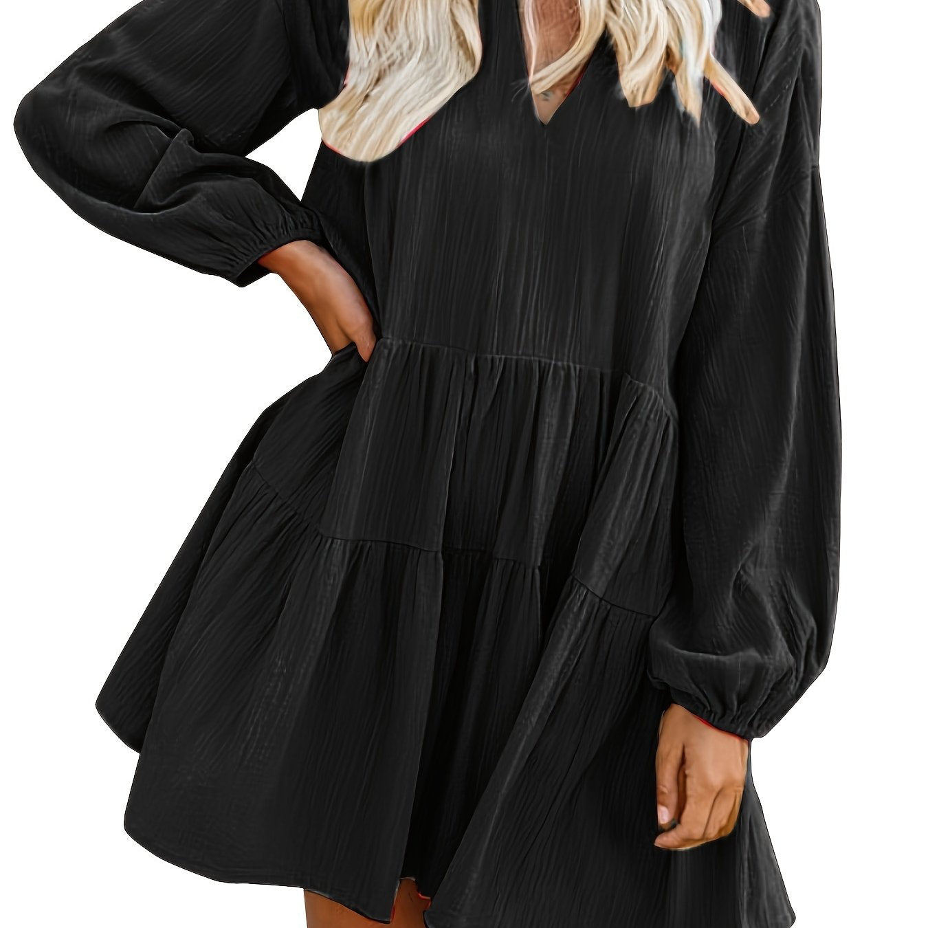 Long Sleeve Solid Color V Neck Loose Babydoll Dress, Casual Ruffle Hem For Spring & Fall, Women's Clothing
