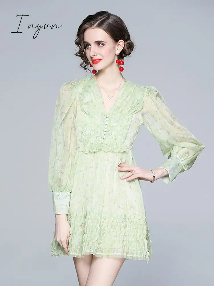 Ingvn - New Fashion Cyber Celebrity Chiffon Floral Print Dress Female Spring Summer French Retro Super Fairy Sweet V-neck Short A-line Dress ML857
