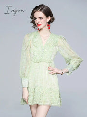 Ingvn - New Fashion Cyber Celebrity Chiffon Floral Print Dress Female Spring Summer French Retro Super Fairy Sweet V-neck Short A-line Dress ML857