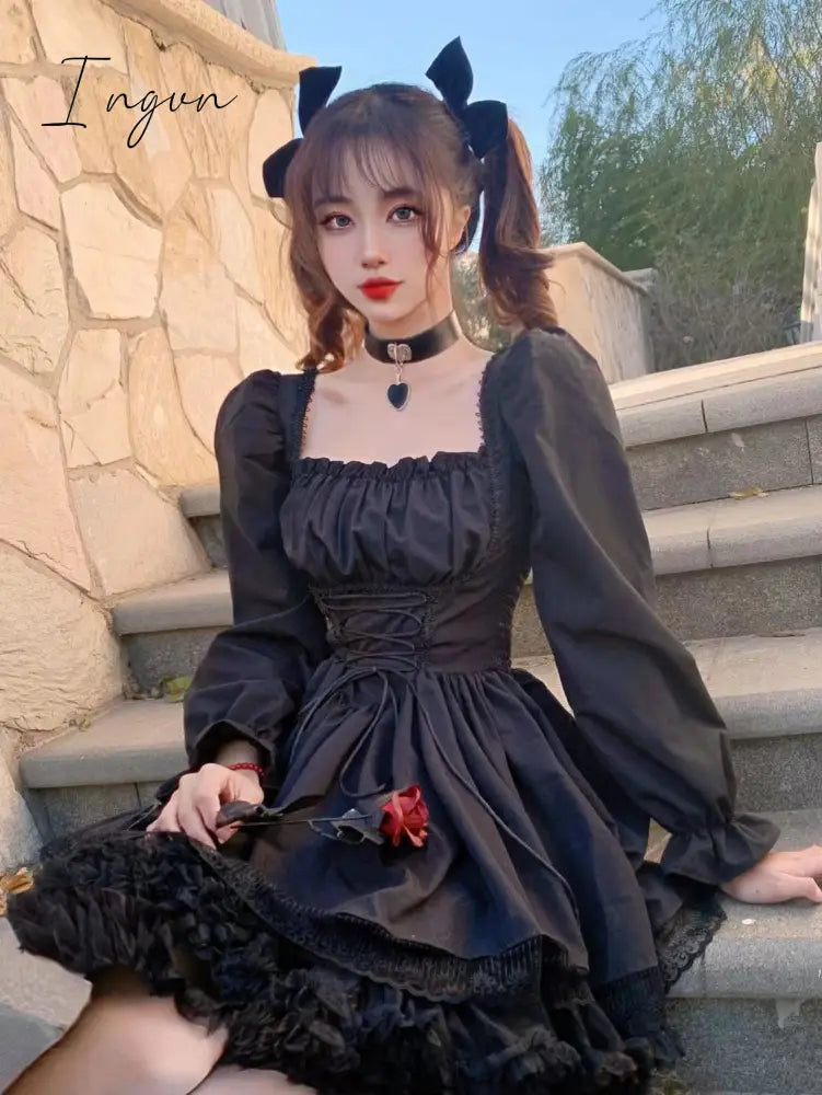 Ingvn - Womens New Trends White Lolita Dress Kawaii Vinatge Long Sleeve Mini Dresses Black Gothic Bandage Lace Patchwork Streetwear Square Collar