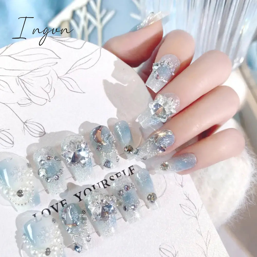 Handmade Press on Nails Long Ballet Blue Fake Nails with 3D Snowflake Moon Rhinestone Design False Nails Full Cover Nail Tips