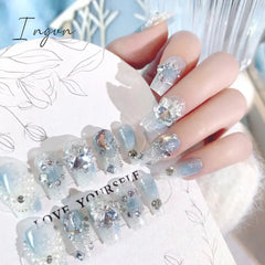 Handmade Press on Nails Long Ballet Blue Fake Nails with 3D Snowflake Moon Rhinestone Design False Nails Full Cover Nail Tips