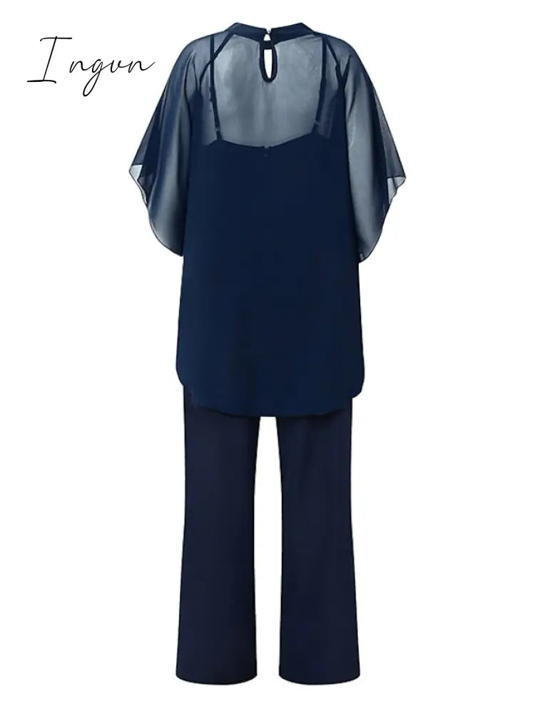 Ingvn - Jumpsuits for Women Summer Dressy Solid Color Round Neck Elegant Daily Vacation Straight Regular Fit Half Sleeve Navy Blue 3XL Spring Fall