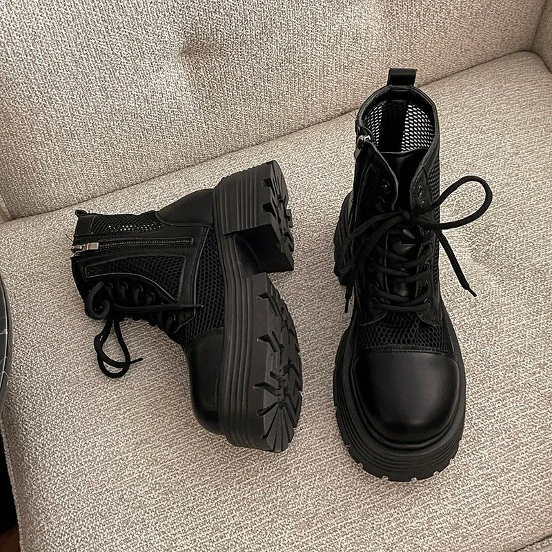 Autumn Women Motorcycle Boots Fashion Hollow Out Breather Short Booties Autumn Winter Female Platform Heel Shoes