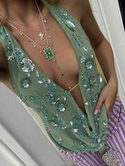 Glitter Deep V Neck Sexy Tank Tops Women Vest Pullovers Summer New Sparkle Backless Cropped Tops Elegant Beach Tops
