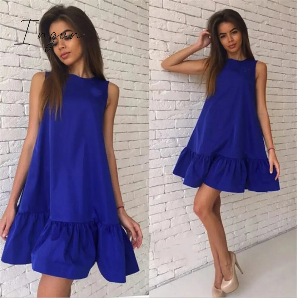Ingvn - Women Female Short Sleeve Loose Mini Short A-line Dresses Summer Beach Casual Dress Candy Color S-XXL
