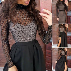 Ingvn - Hot Women Transparent Bandage Bodycon Long Sleeve Party Slim Stretch Ladies Dresses Cocktail Club Long Dress Hot vestido dress