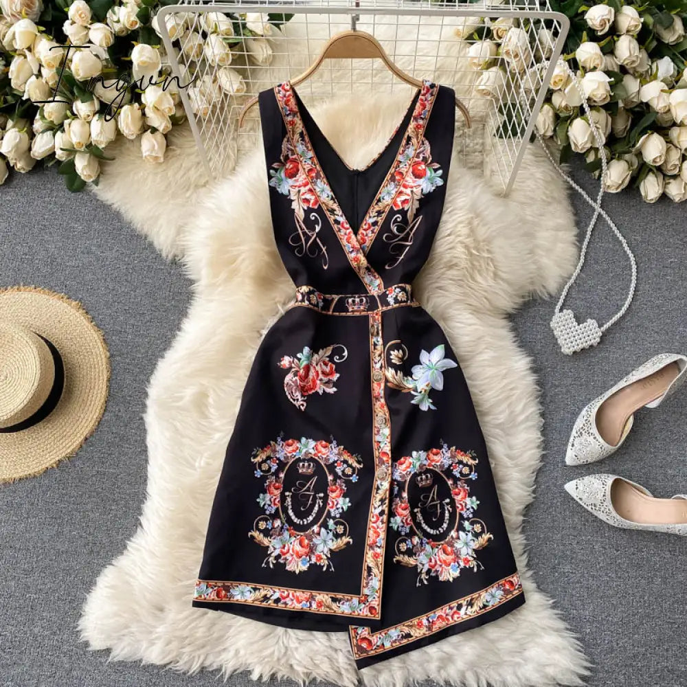 Ingvn - Spring Autumn Elegant 2 Piece Set Overalls Dress Women Bow Collar White Shirt Top+ Irregular Flower Print V-Neck Vest Dress