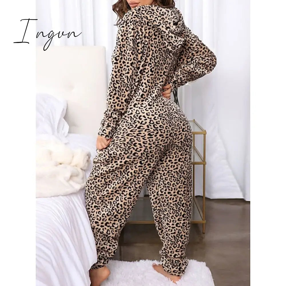 Ingvn - Women's Pajamas Jumpsuit Leopard Star Warm Comfort Plush Home Christmas Flannel Warm Breathable Hoodie Long Sleeve Pocket Fall Winter Leopard Print Moon blue