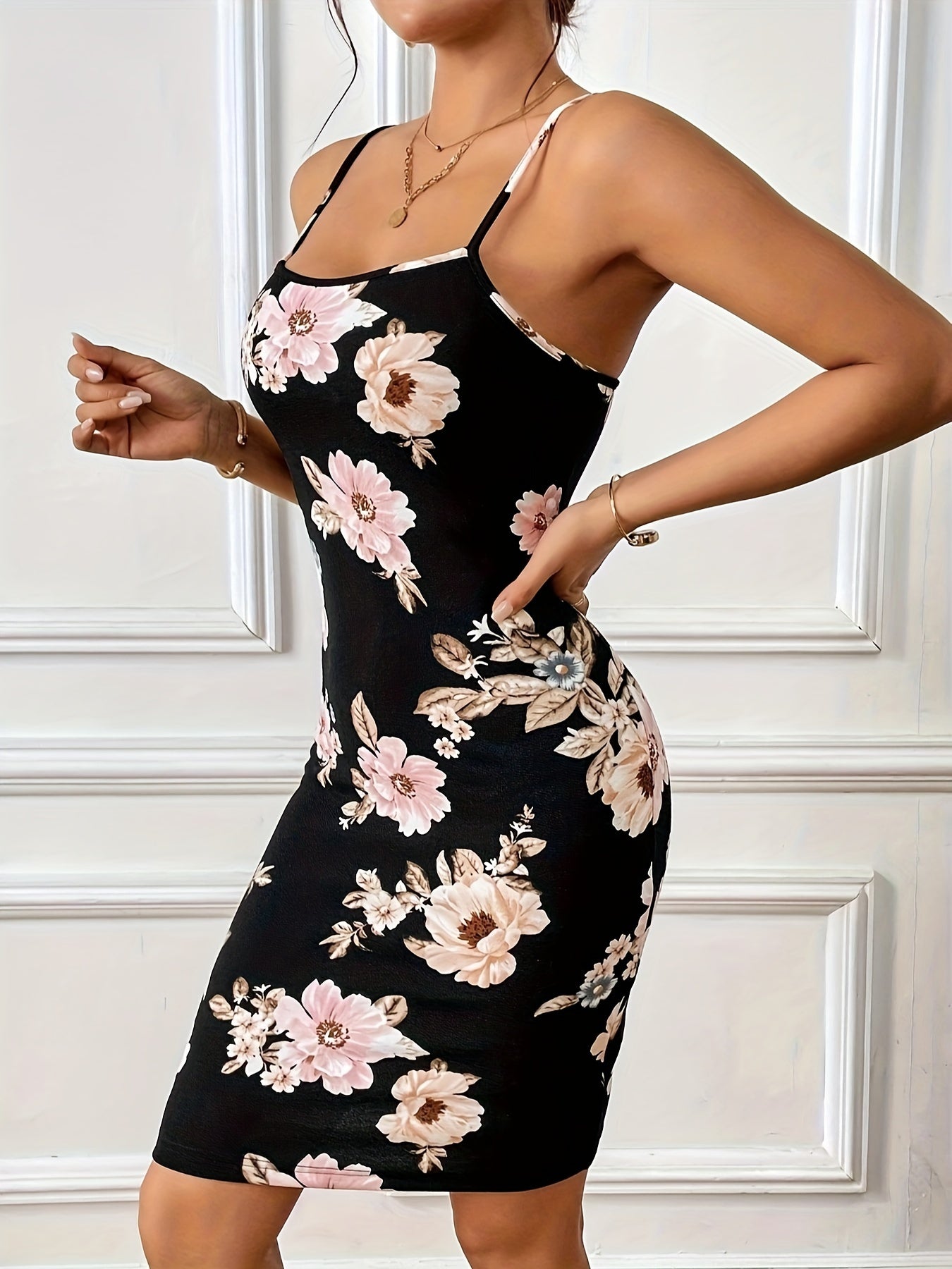 Vibrant Floral Print Bodycon Midi Dress - Sleeveless, Spaghetti Strap, Elegant, Summer-Perfect Slip Dress for Women - Comfortable, Breathable, Easy Care