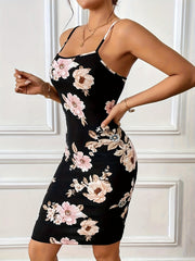 Vibrant Floral Print Bodycon Midi Dress - Sleeveless, Spaghetti Strap, Elegant, Summer-Perfect Slip Dress for Women - Comfortable, Breathable, Easy Care