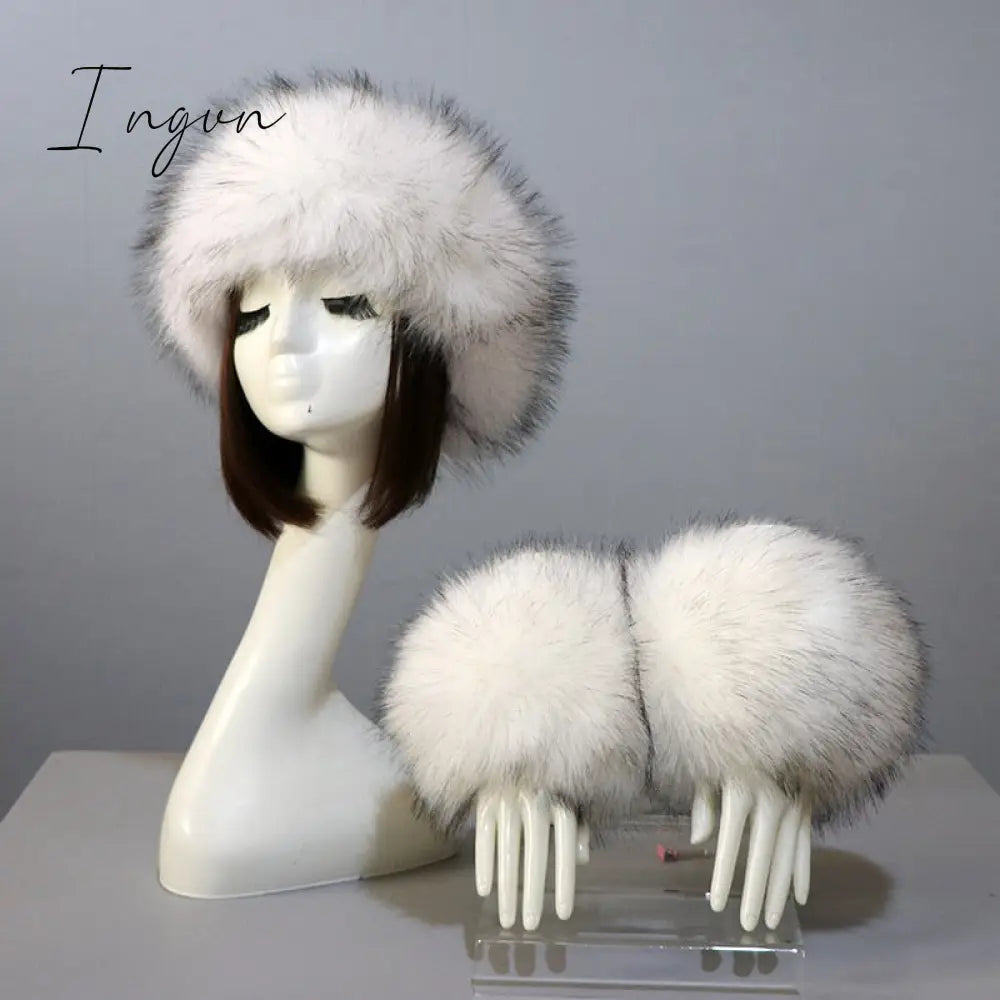 Ingvn - New Autumn Winter Caps Female Hats Cuffs Set Fashion Warmth Imitation Quality Design Faux Fur Hat Fox Fur Sleeves Suit Accessary