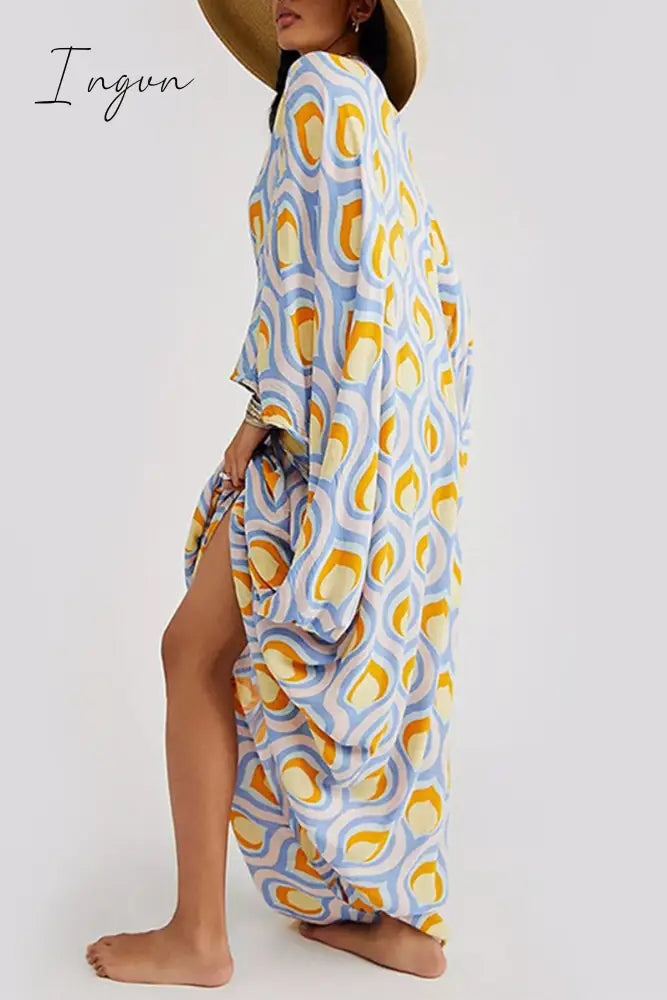 Ingvn - Vintage Vacation Geometric Print Contrast Swimwears Cover Up