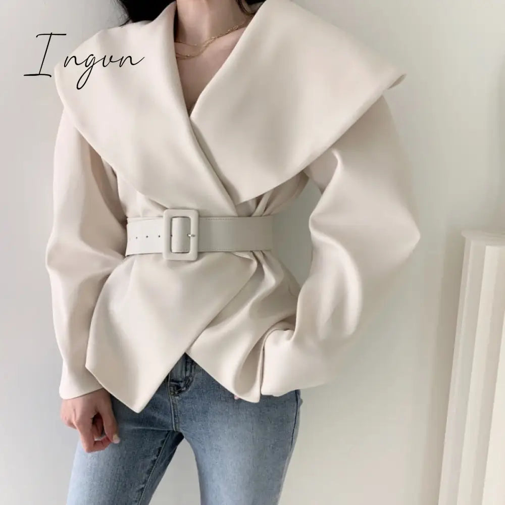 Ingvn - Women Spring Autumn Short Blazer Coat with Belt Big Lapel Collar Female Full Sleeve Cardigan Outerwear