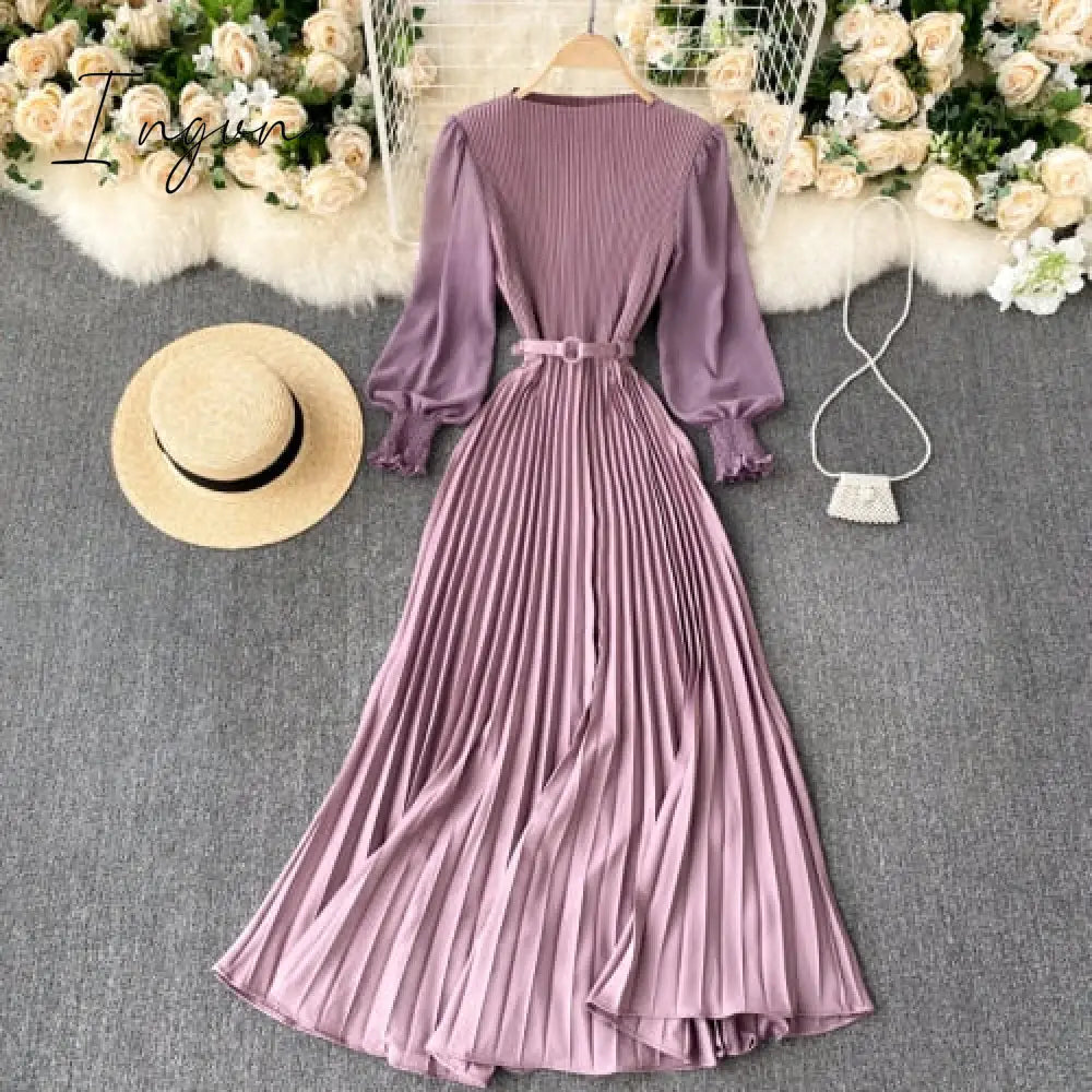 Ingvn - Vintage Women Pleated Long Dress Female Elegant Lantern Long Sleeve High Waist Red/Purple Draped Maxi Vestidos Spring Autumn New