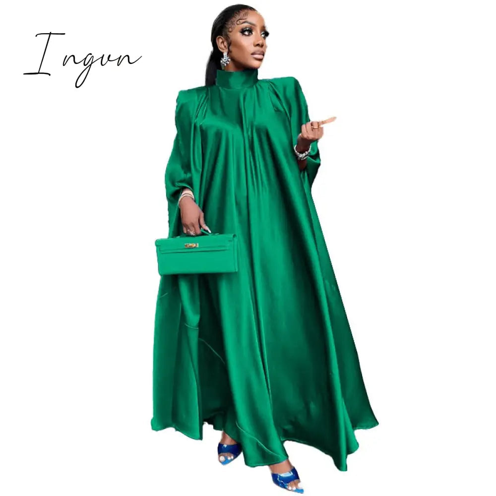 Ingvn - Women Oversized Dresses Mock Neck Batwing Sleeve Loose Large Sparkly Robes Vintage Blue Party Event Occasion Christmas Gowns