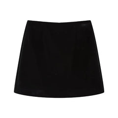 Vintage Women Black High Waist A-line Velvet Mini Skirt