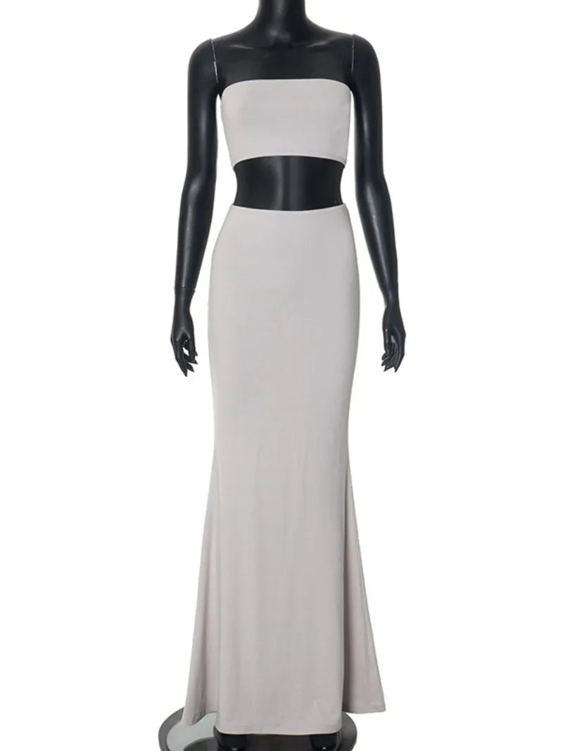Ingvn  Fashion Sexy Super-short Corset Top Long Maxi Dresses Sets Elegant Solid Gray High Waist Skirts 2 Piece Matching Set Streetwear