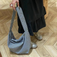 Ingvn  Oversized Checkered Canvas Bag Shoulder Bags for Women Canvas Large Capacity Shopping Totes 2024 New Luxury Handbags
