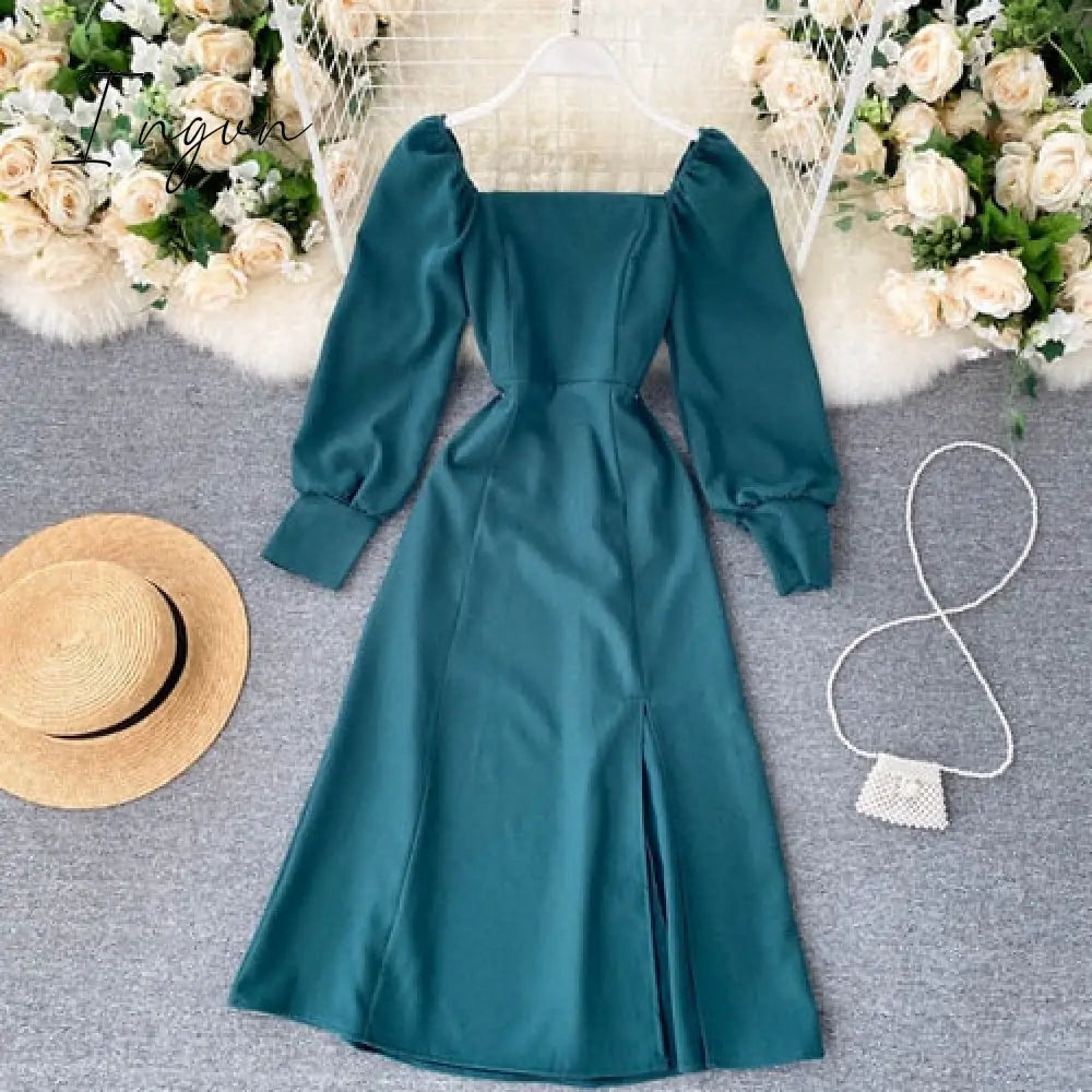Ingvn - Women Autumn New Split Dress French Retro Square Collar Waist Hugging Slim Puff Sleeve Beading Midi Dress Female Vestidos PL487