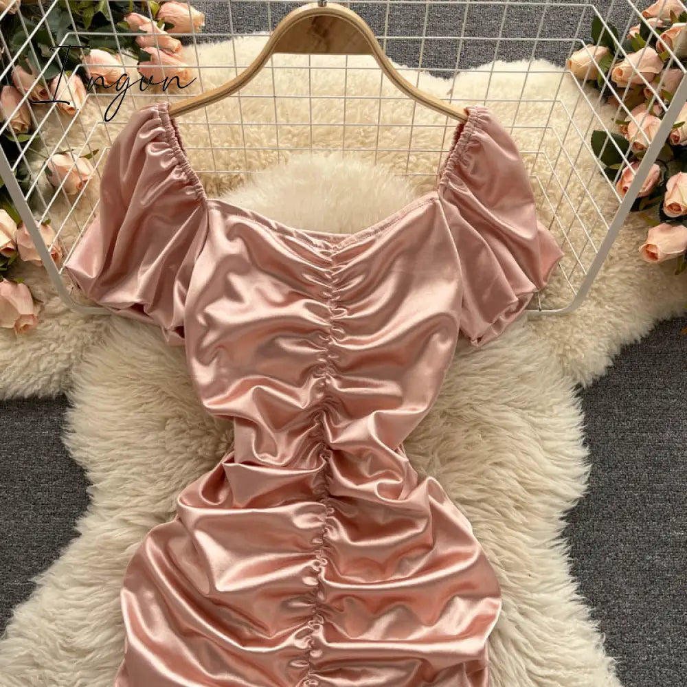 Ingvn - Ins Fashion Sexy Mini Bandage Dress Women Summer Slim Ruched Club Dress Sheath Off Shoulder Pink White Dress