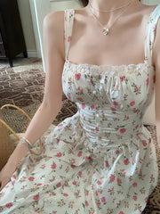 Elegant Beach Party White Midi Dresses for Women Summer New Korean Fashion Casual Sleeveless Slim Flower Female Clothing