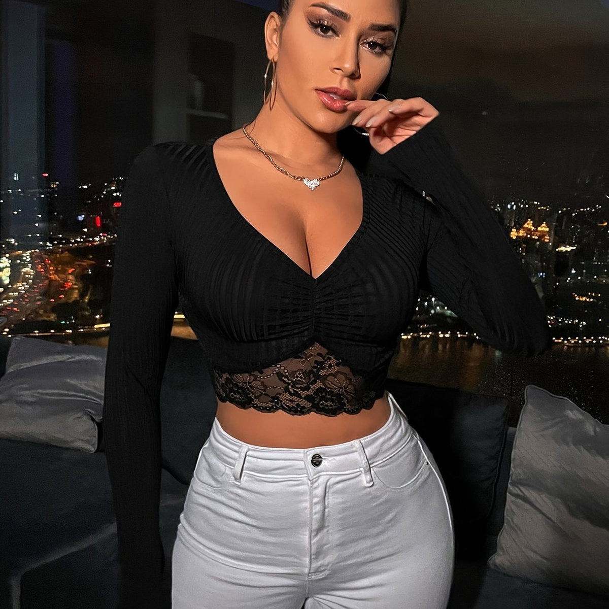 Charming Cropped Lace V-Neck T-shirt - Solid Color Long Sleeve Top - Womens Casual Fashion Essential