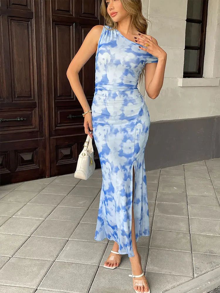 Summer New Women's Maxi Dresses Streetwear Fashion Print Split Casual Slim Dress Sexy Club Party Knitted Female Dresses Clothing