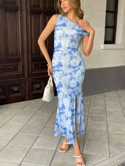 Summer New Women's Maxi Dresses Streetwear Fashion Print Split Casual Slim Dress Sexy Club Party Knitted Female Dresses Clothing