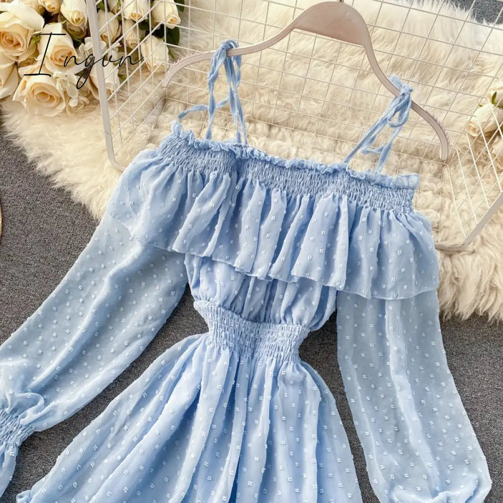Ingvn - Spring Outfits Sexy ruffles Summer off shoulder short dress spaghetti strap Party elastic waist dress Women casual beach a-line dress