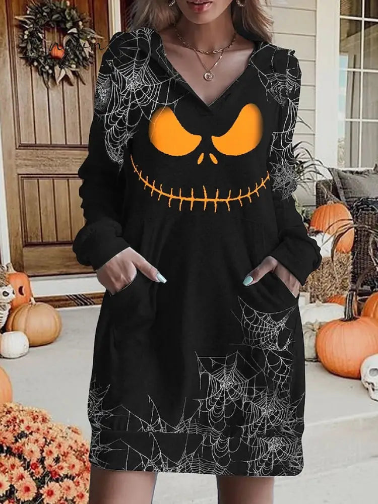 Ingvn - Women's Pullover Hoodie Dress Active Streetwear Print Black Pumpkin Halloween Hooded Long Sleeve S M L XL XXL 3XL