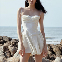 Solid Charmeuse Bandage Backless Sleeveless Shirring Lace-up Dress Summer Women Woods Elves Style Streetwears