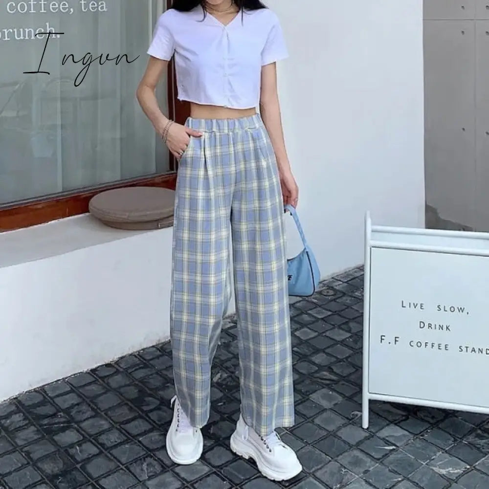 Ingvn - Vintage Plaid Pants Women High Waist Plus Size Wide Leg Casual Female Trousers Summer Joggers Clothes Streetwear Girl Pants