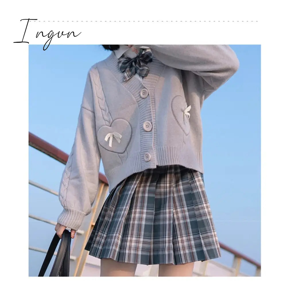 Ingvn - Spring Japan Kawaii Fashion Pink Cardigan Women Vintage Crop Knitted Sweater Cute Bow Heart Korean JK School Coat