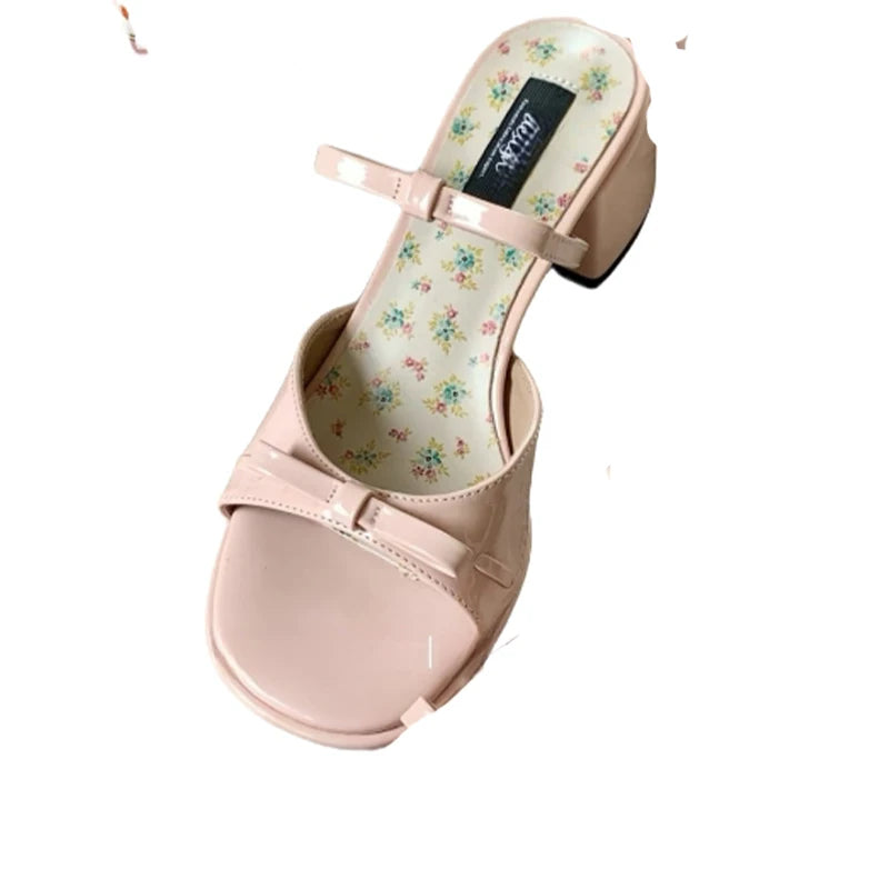 High Heels Women Slippers Bow Chunky Heeled Shoes Dress Fashion Woman Sandals 2025 New Designer Pumps Luxury Sandalias De Mujer