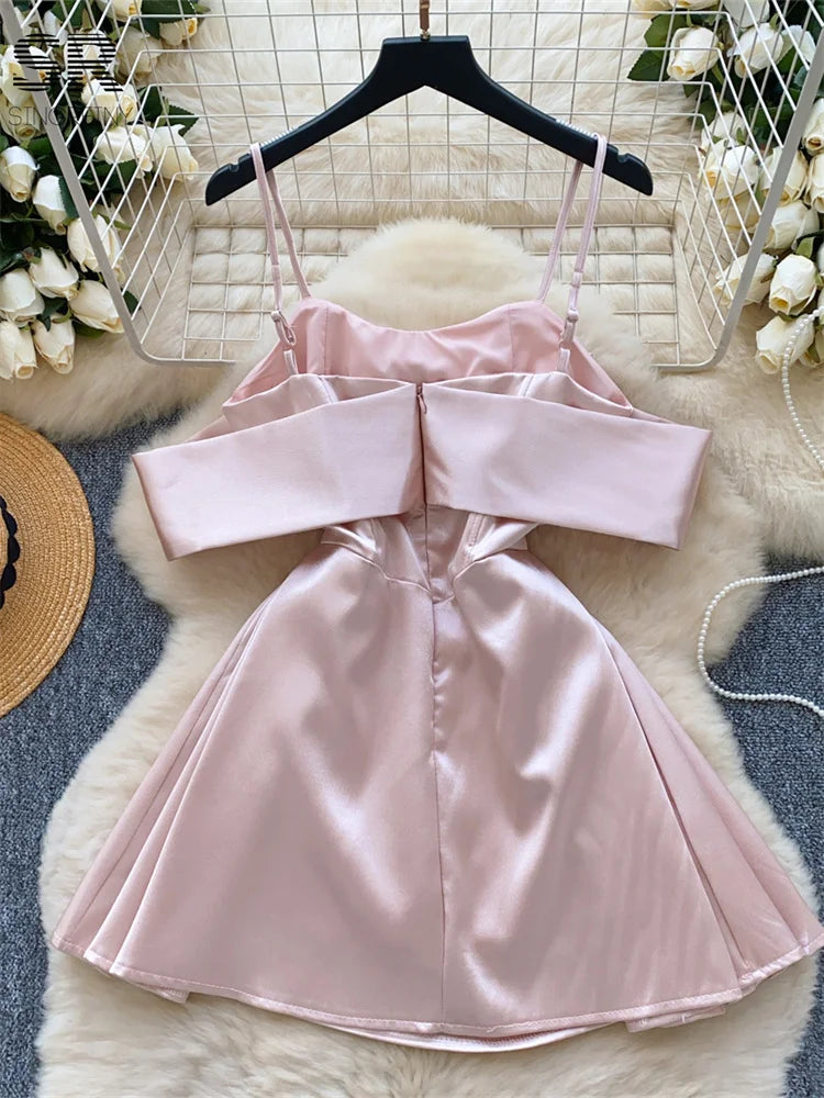 Birthday Party Satin Dress Women Sleeveless Off Shoulder Zipper Design Bodycon Senior Sexy Fashion Bow Mini Dresses