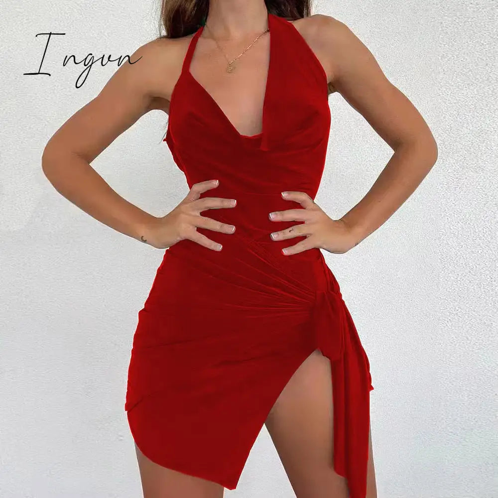Ingvn - 2023 Summer New Women's Wear Halter Neck Hollow Strappy Slit Sexy Fashion Dress Sexy Backless Irregular Strappy Evening Dress