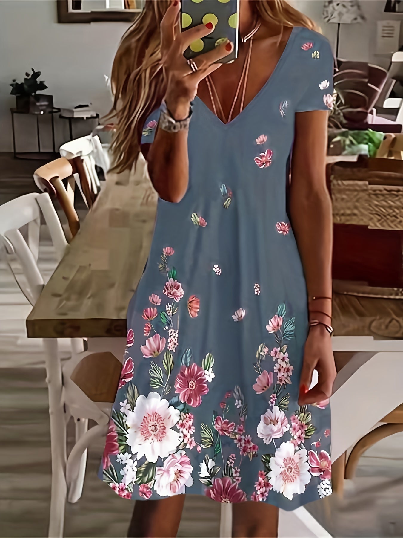 Chic Ditsy Floral Knee-High Dress – V-neck, All-Season Casual Wear, Easy-Care Polyester Lining, Mid Elasticity Fabric