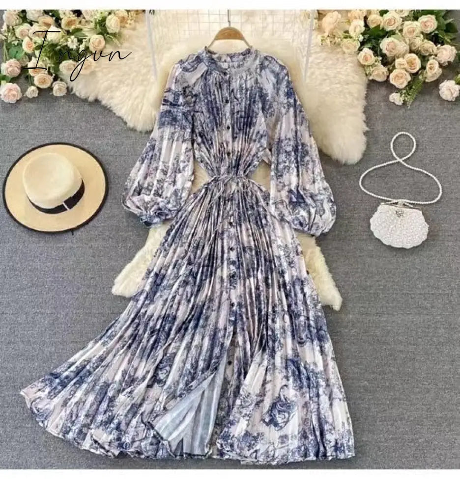 Ingvn - Retro spring and autumn new retro temperament breasted bow halter dress women's long-sleeved irregular knee-length dress