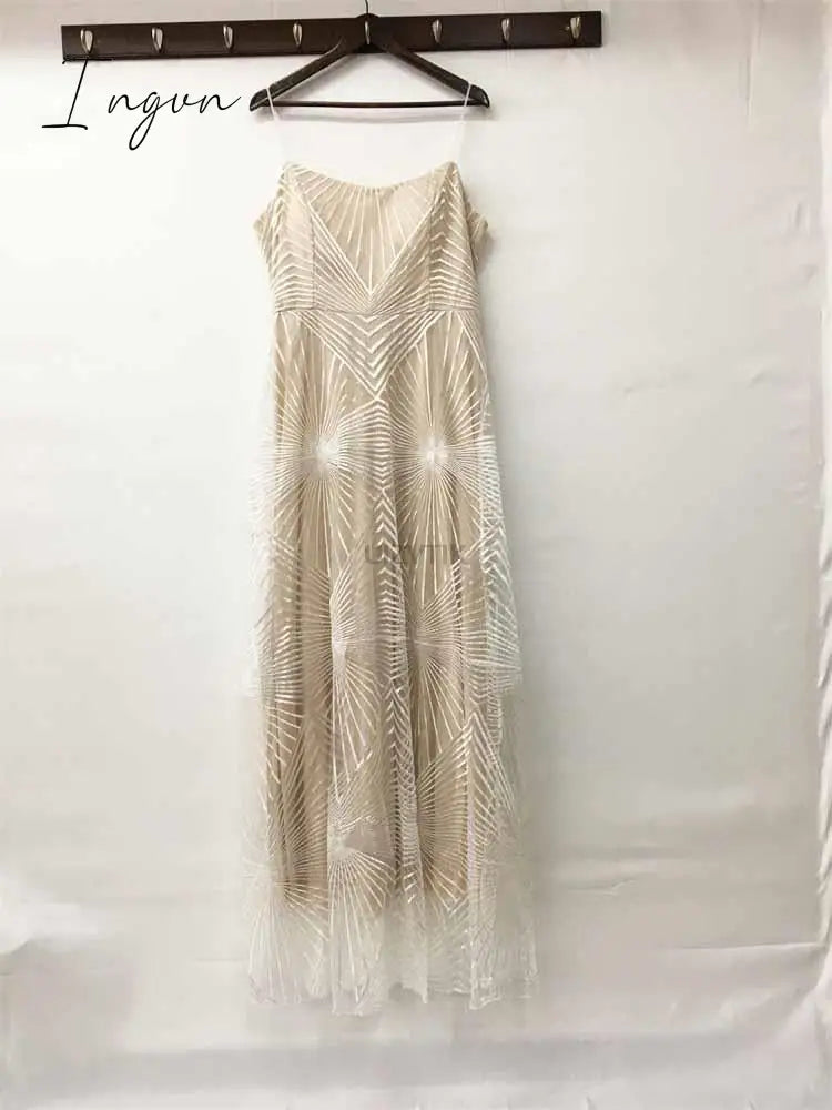 Ingvn - Sexy Slip Embroidered Maxi Dresses for Women Summer Elegant Luxury Evening Wedding Guest Formal Long Party Dress White