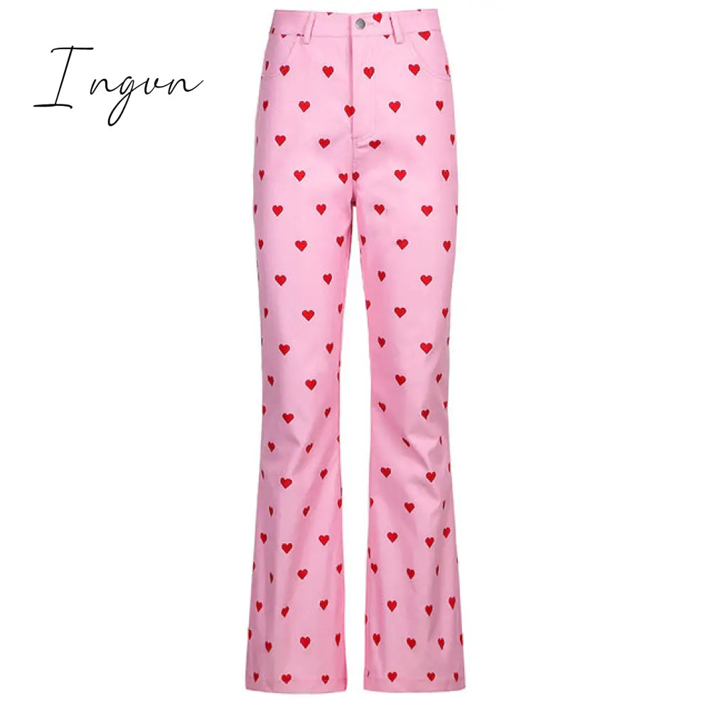 Ingvn - Y2K Pink Pants Heart Printed Sweet Trousers Vintage Aesthetic Party Pants Pockets Joggers Festival Outfits Women New