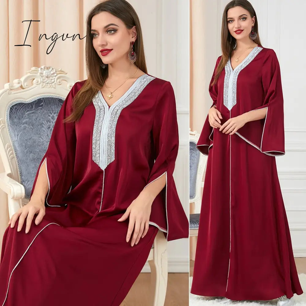 Ingvn - Party Dress Muslim Women Abaya Prayer Caftan V Neck Diamond Maxi Dresses Robe India Abayas Dubai Longue Vestidos Largos