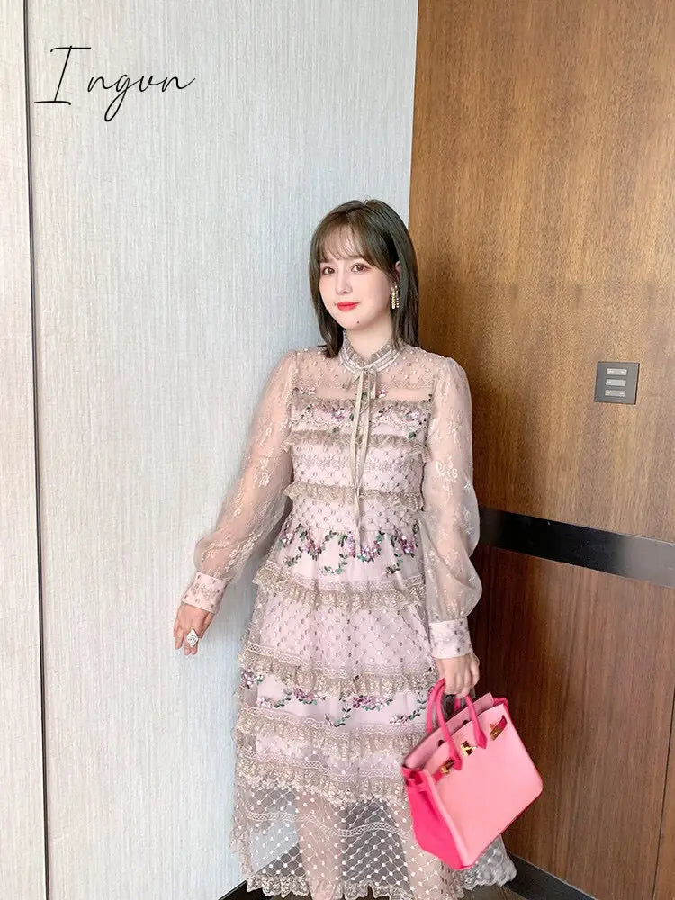 Ingvn - Spring Outfits Designer Runway Party Evening Midi Long Dresses For Women Ruffles Embroidery Floral Elegant Traf Chic Ladies Vestidos Femme Robe