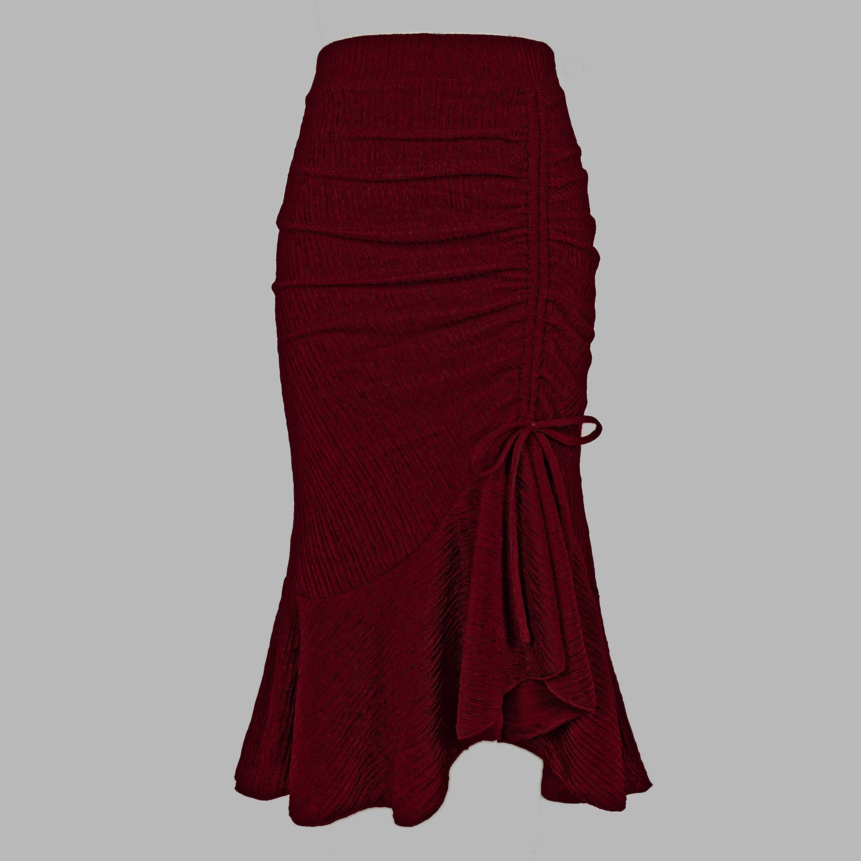 Solid Textured Drawstring Bodycon Skirt, Elegant High Waist Mermaid Hem Ruched Skirt, Women's Clothing