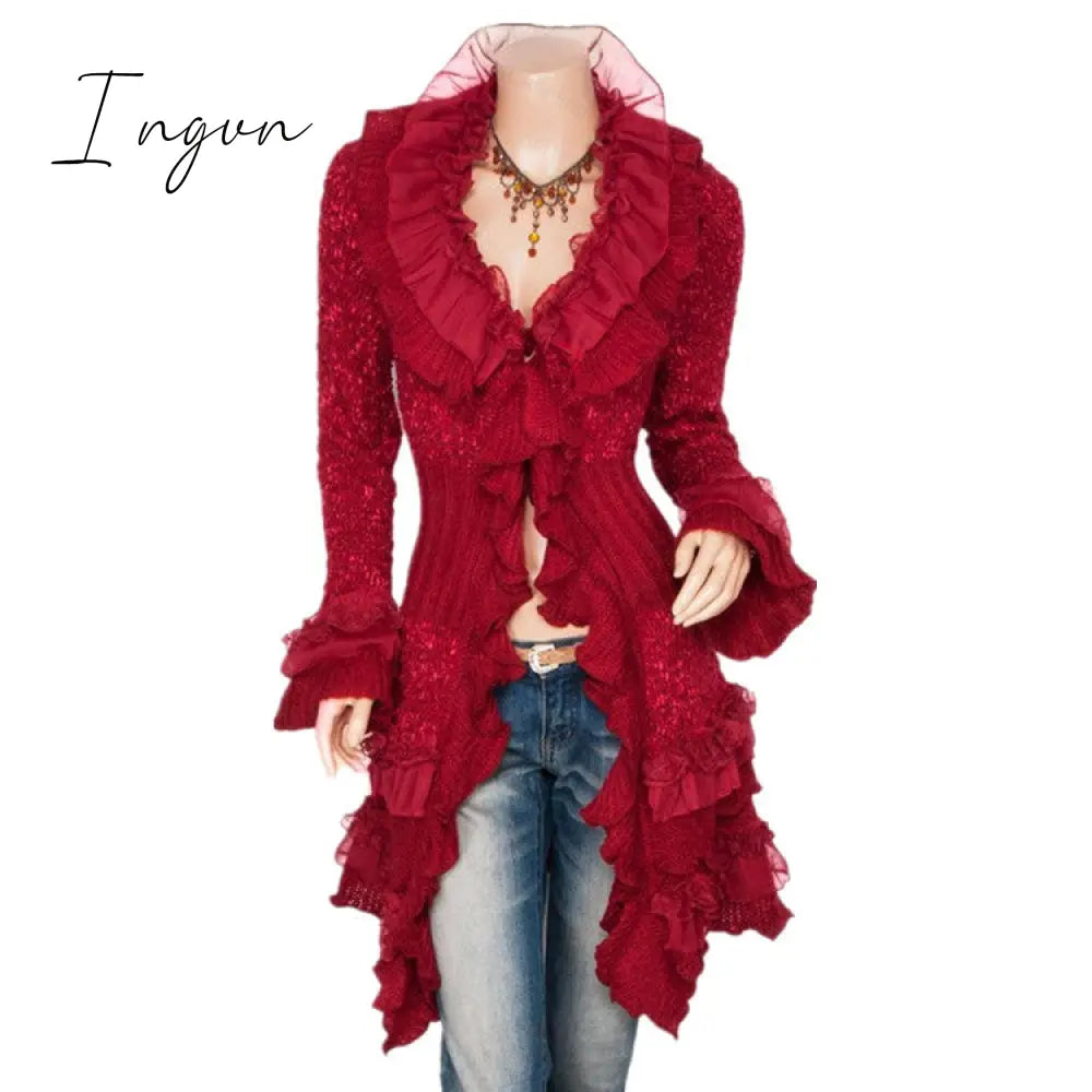Ingvn - Cardigan Sweater Women's Knitted Single-breasted Lace Bell Sleeve Mid-length Coat