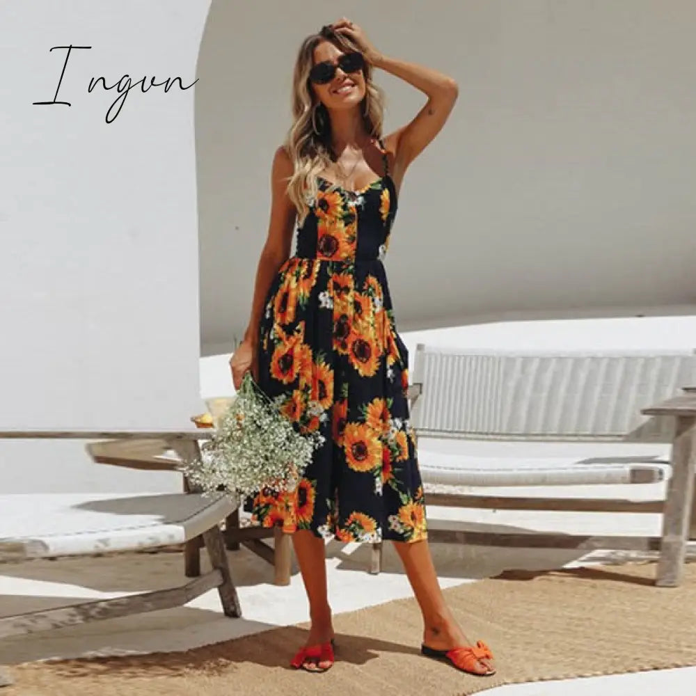 Ingvn - Boho Sexy Floral Dress Summer Vintage Casual Sundress Female Beach Dress Midi Button Backless Polka Dot Striped Women Dress