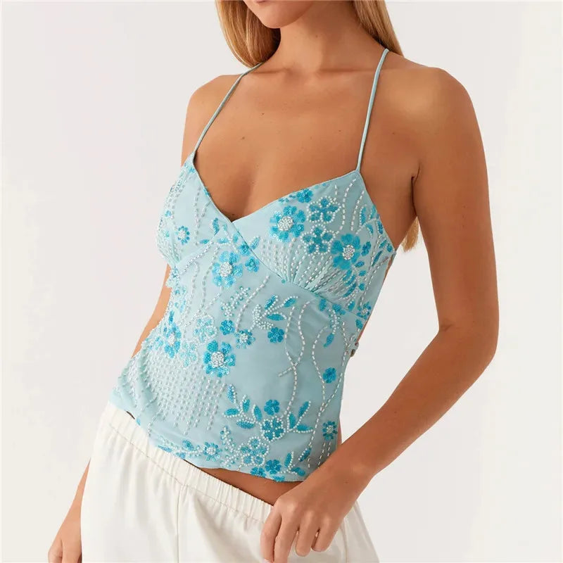 Sexy Sequin Rhinestone Crop Tops Women Y2k Fairy Coquette Camis Pearl Glitter V Neck Backless Tank Shirt Vest Beach